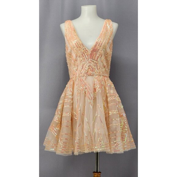 bebe Dresses & Skirts - Bebe Mini Dress XS Peach Sequins Layered Mesh Coquette Hoco Ballerina Fairycore